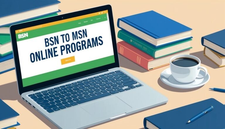 Laptop with "BSN to MSN Online Programs" text, books, and coffee