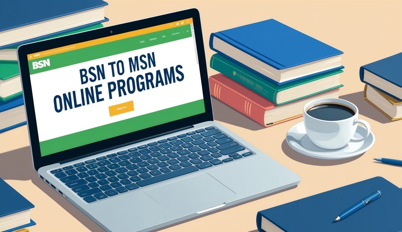 Laptop with "BSN to MSN Online Programs" text, books, and coffee