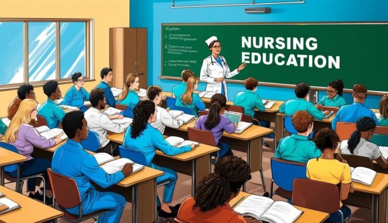 Nursing education classroom with students listening to a teacher at the board