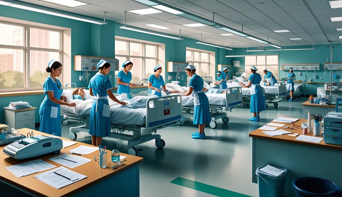 A bustling hospital ward with nurses tending to patients, medical equipment, and paperwork scattered across desks