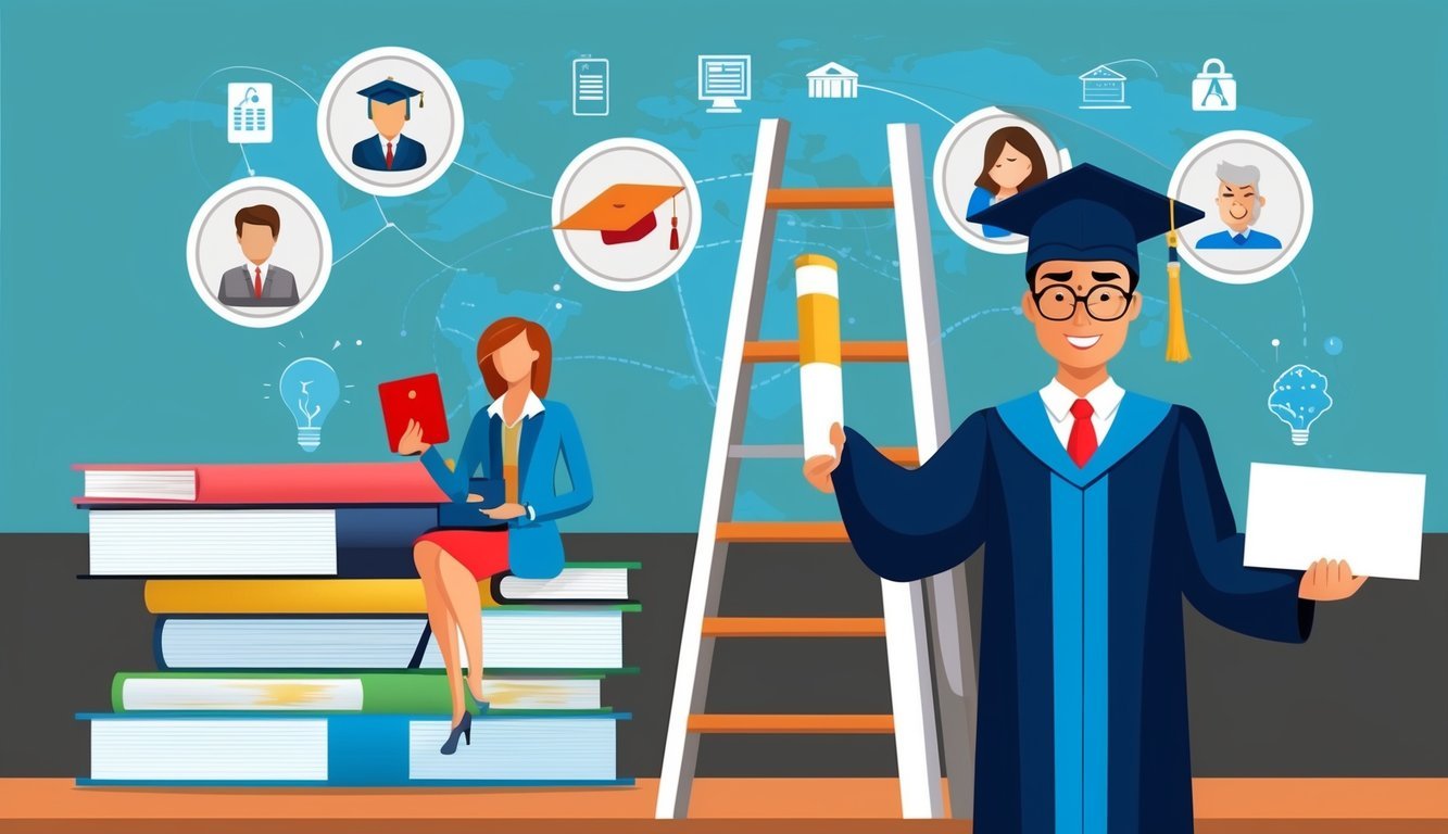 A graduate holding a diploma and a ladder symbolizing career advancement, with various job opportunities and education icons in the background