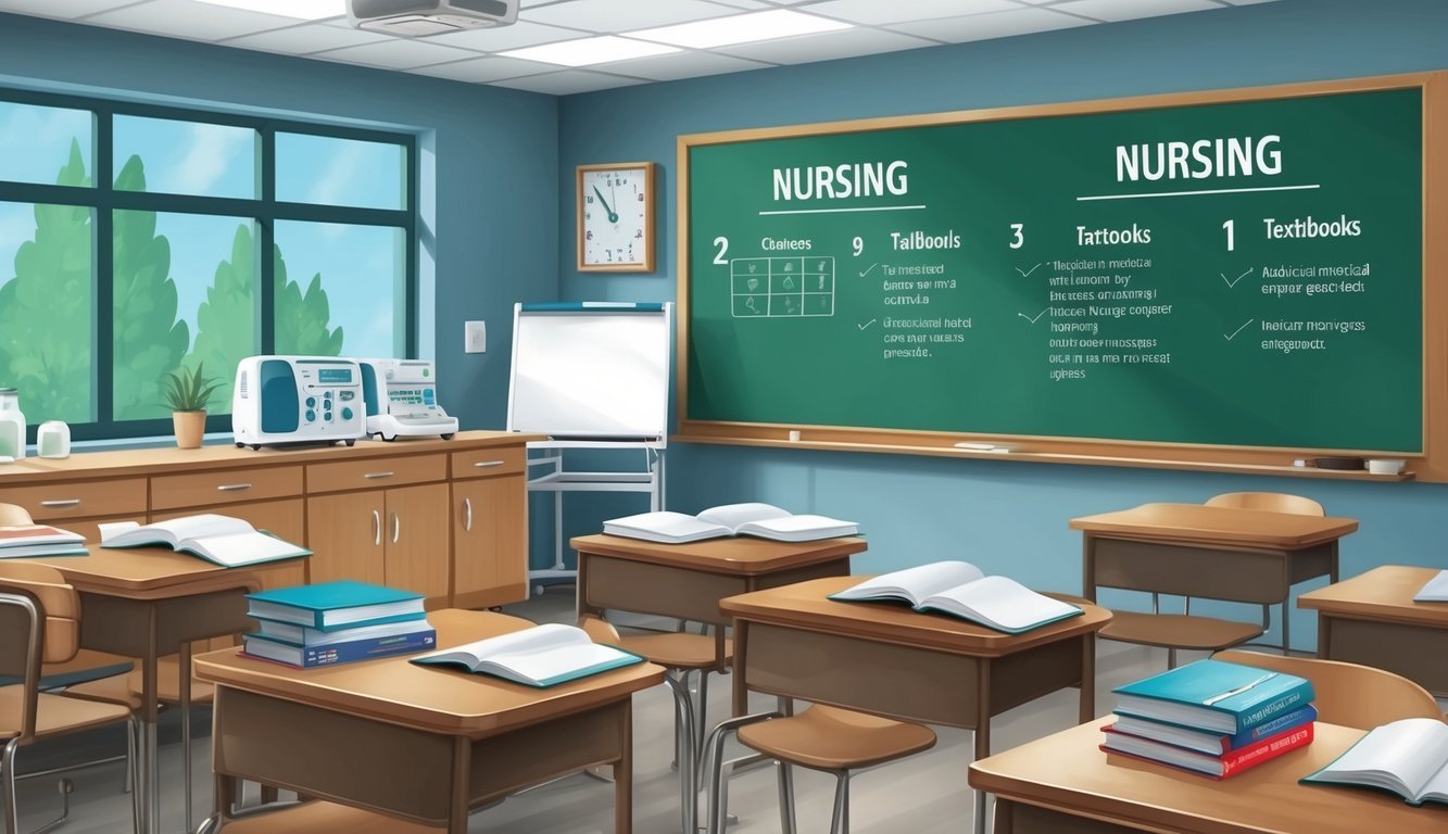 A classroom setting with medical equipment, textbooks, and a whiteboard displaying nursing concepts