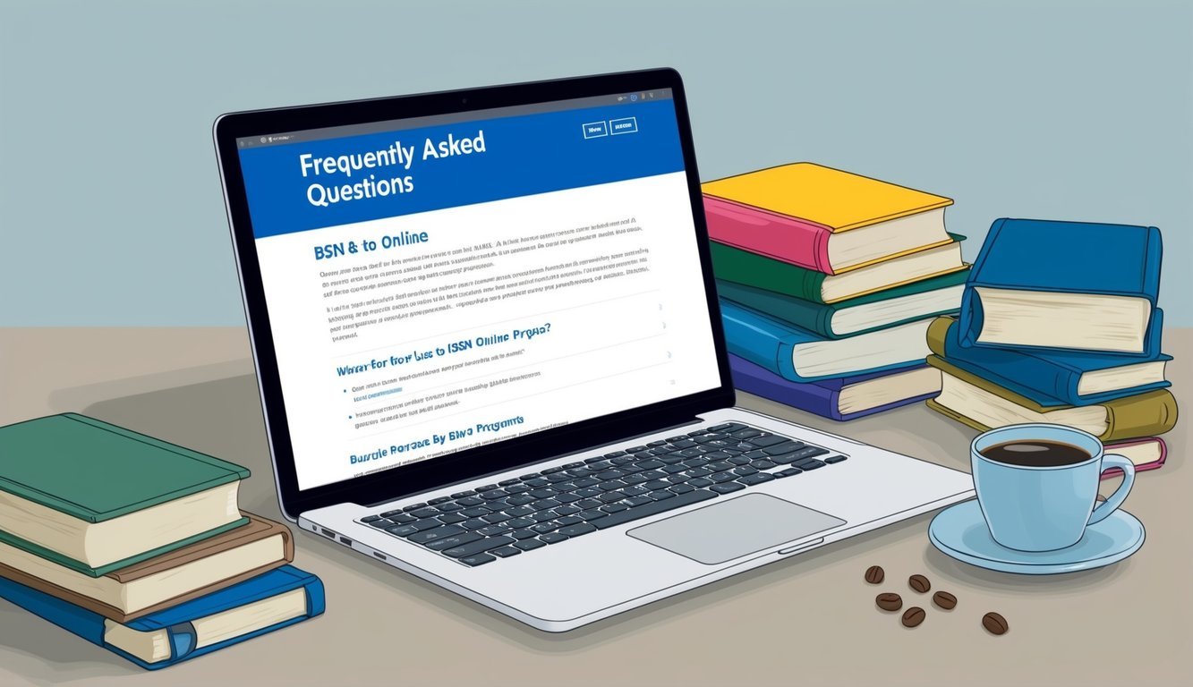 A laptop open to a webpage with "Frequently Asked Questions" about BSN to MSN online programs, surrounded by books and a cup of coffee