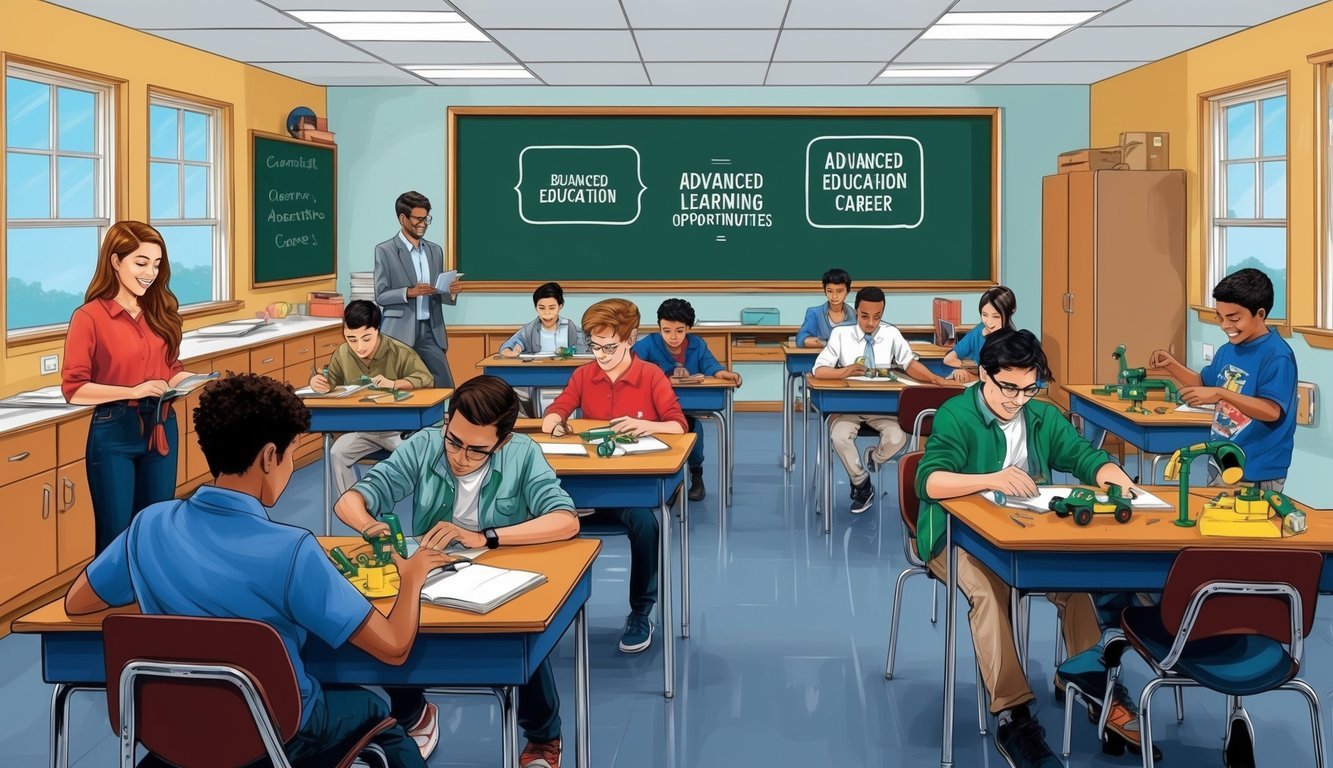 A classroom setting with students engaged in hands-on learning activities related to advanced education and career opportunities