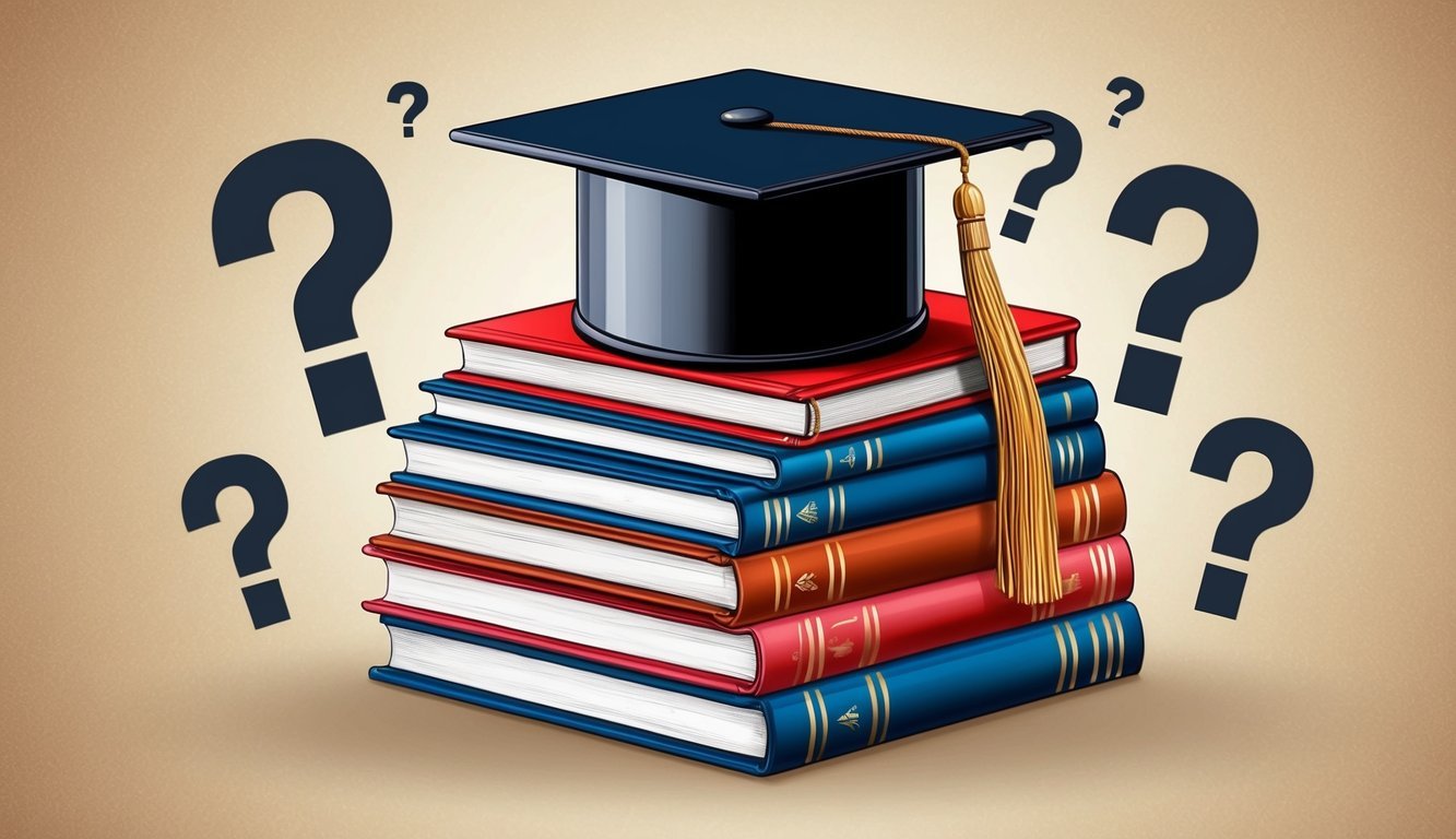 A stack of books with a graduation cap on top, surrounded by question marks