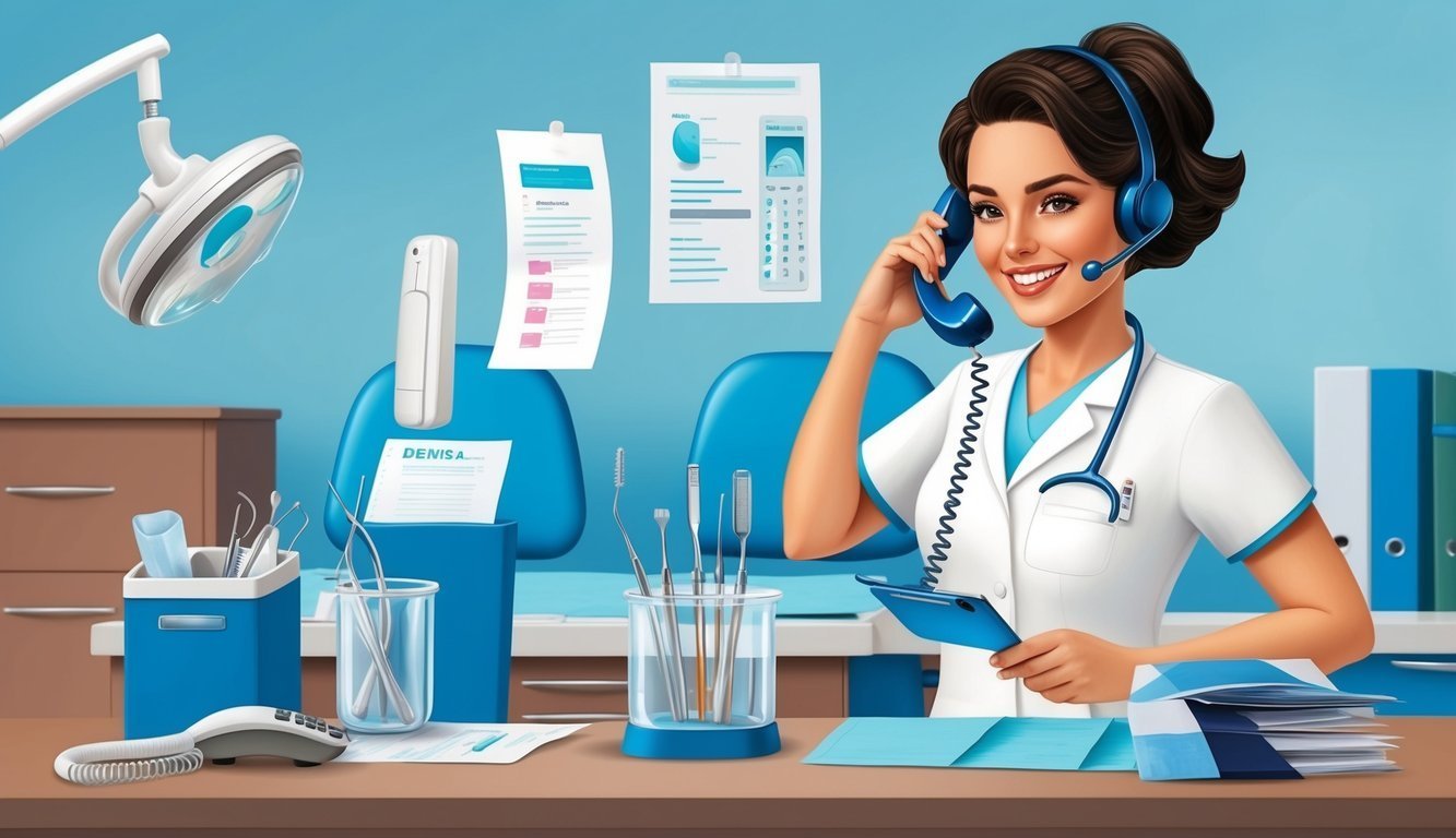 Smiling dental assistant on the phone in a bright, clean office