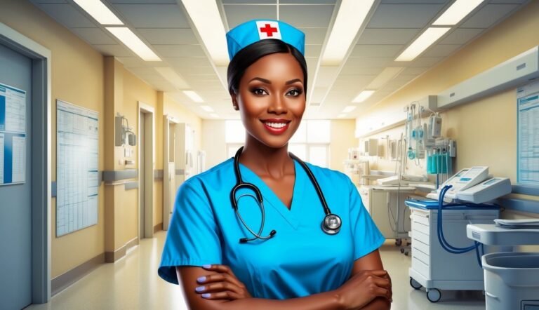 Smiling Black nurse in blue scrubs and cap in a hospital hallway