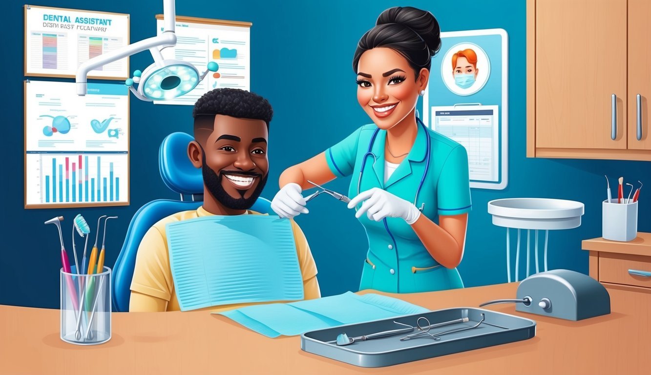 A dental assistant smiling while assisting a dentist.</p><p>Patient in the chair, tools on a tray.</p><p>Office environment with charts and equipment