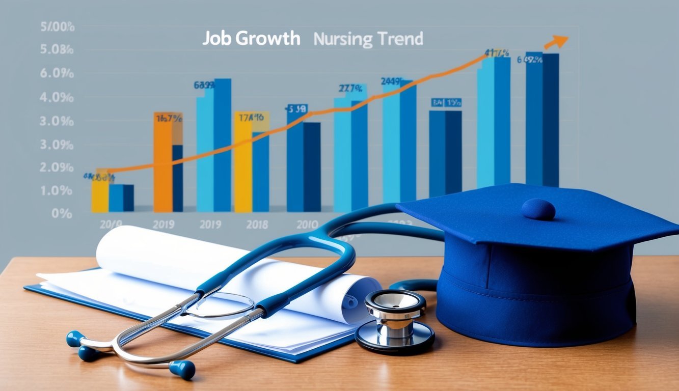 A stethoscope, diploma, and nursing cap on a desk.</p><p>A chart showing job growth trends in the background