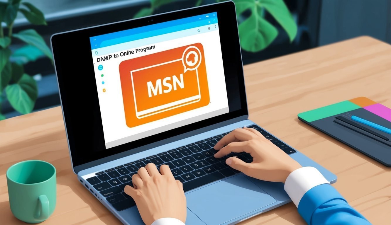 Laptop displaying "MSN" logo, hands typing, mug, and a colorful tablet on a desk