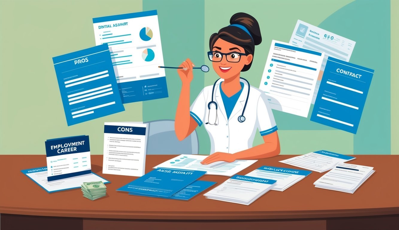 A dental assistant weighing the pros and cons of their career, surrounded by financial documents and employment contracts