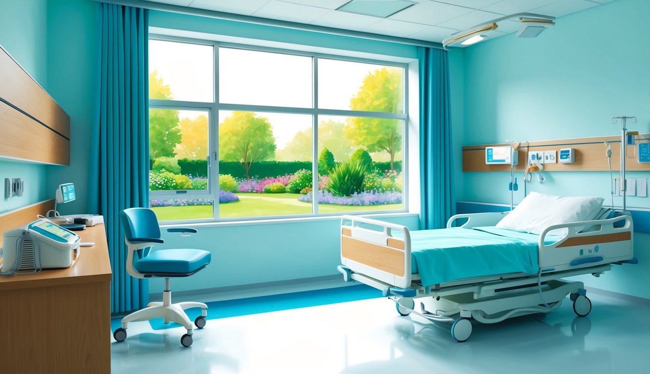 A bright, clean hospital room with a comfortable bed, medical equipment, and a large window overlooking a peaceful garden