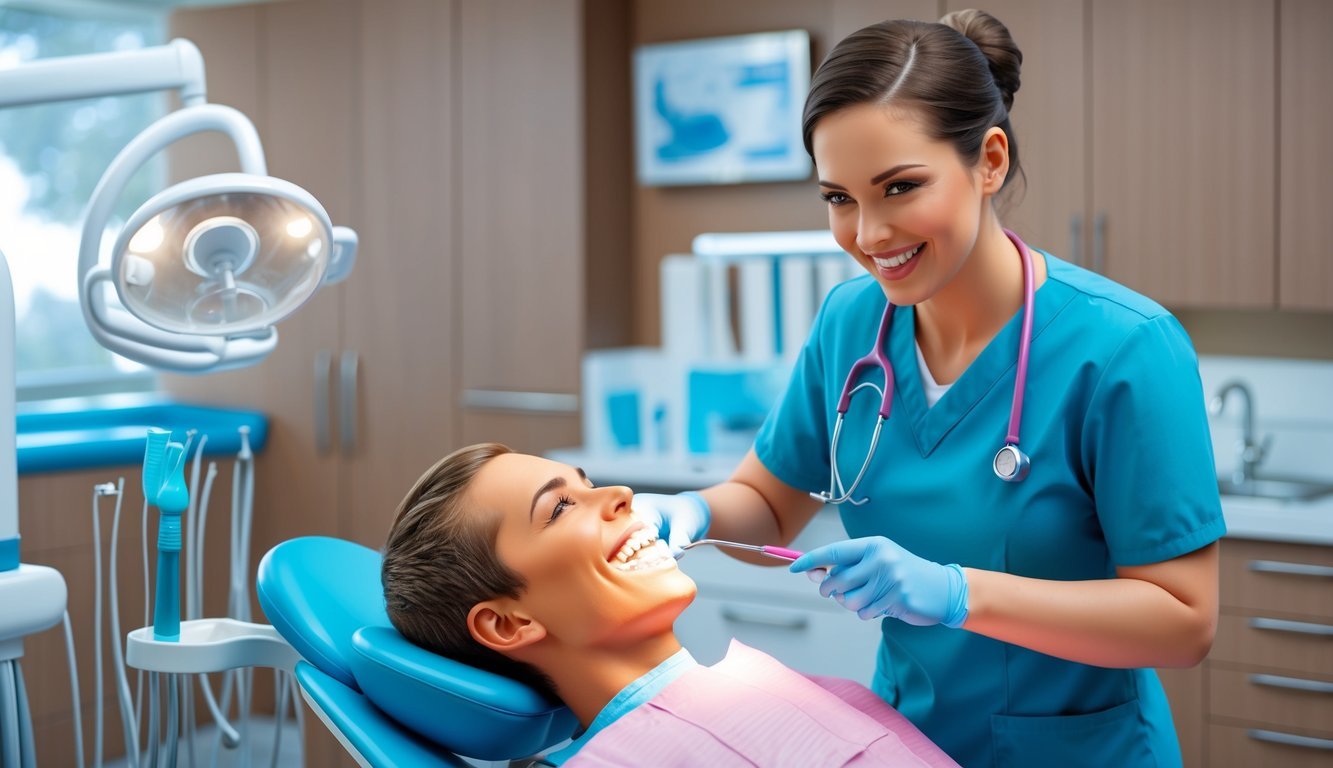 A dental assistant smiling while assisting a patient