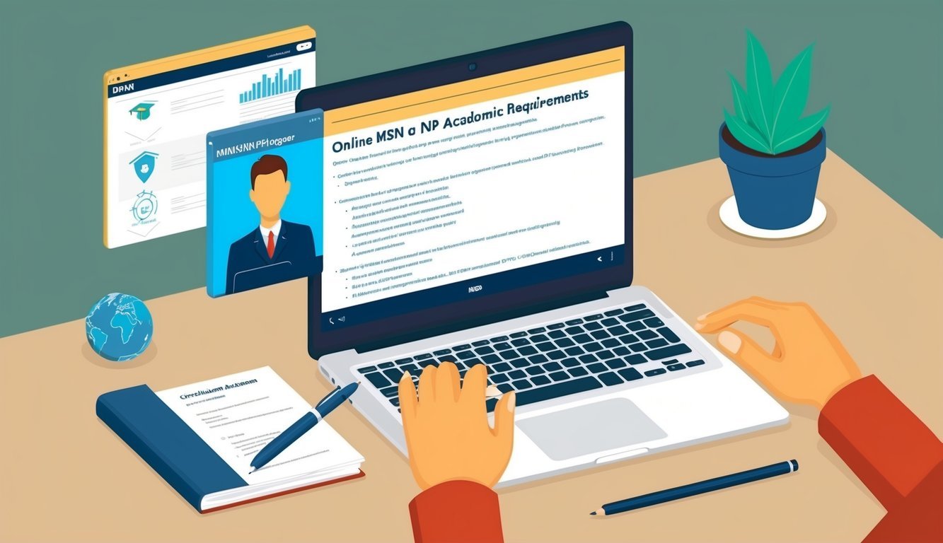 A laptop open to a webpage showing curriculum and academic requirements for an online MSN to DNP PMHNP program
