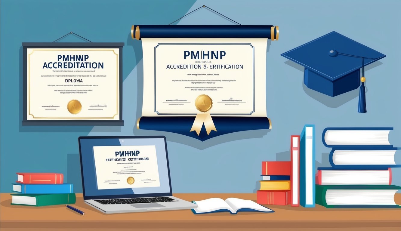 A diploma and certificate hanging on a wall, surrounded by books and a laptop, symbolizing PMHNP accreditation and certification