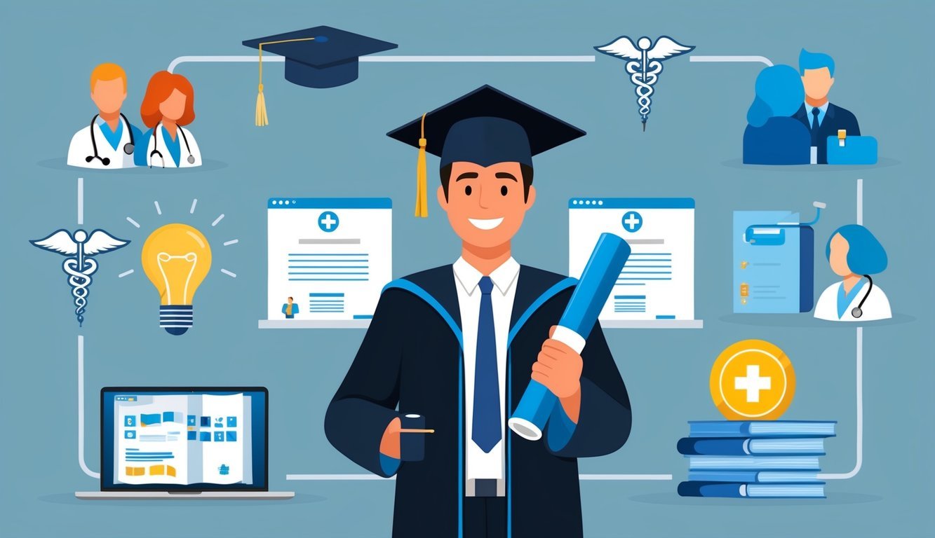 A graduate holding a diploma, surrounded by symbols of professional development and career outcomes in healthcare