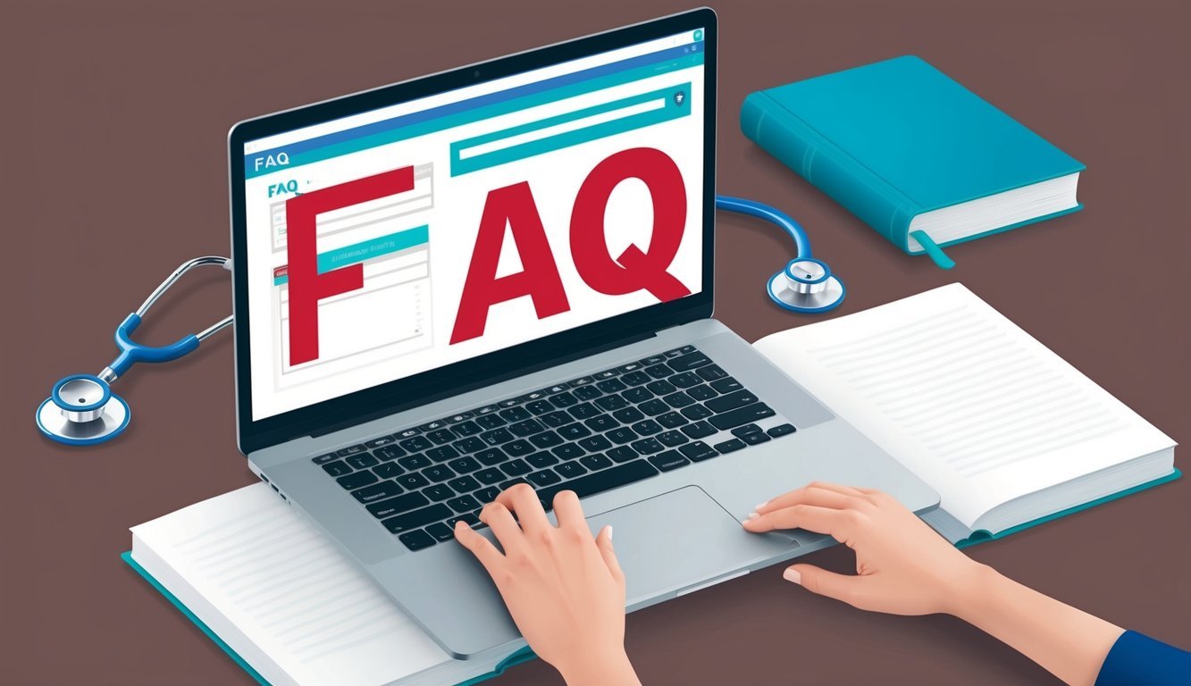 A laptop open to a FAQ webpage, with a stethoscope and medical books nearby