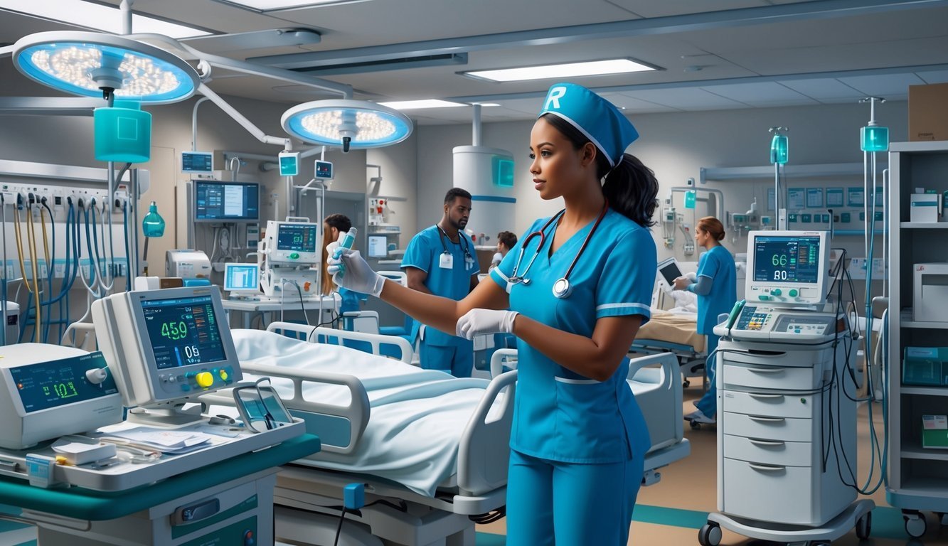 Nurse in scrubs holding a medical device in a hospital room