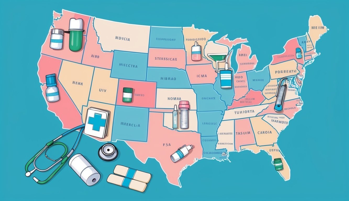 Map of the United States with medical supplies and equipment