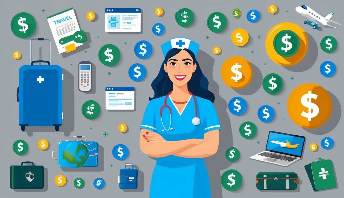 A nurse surrounded by symbols of benefits and compensation, such as dollar signs, medical equipment, and travel-related items