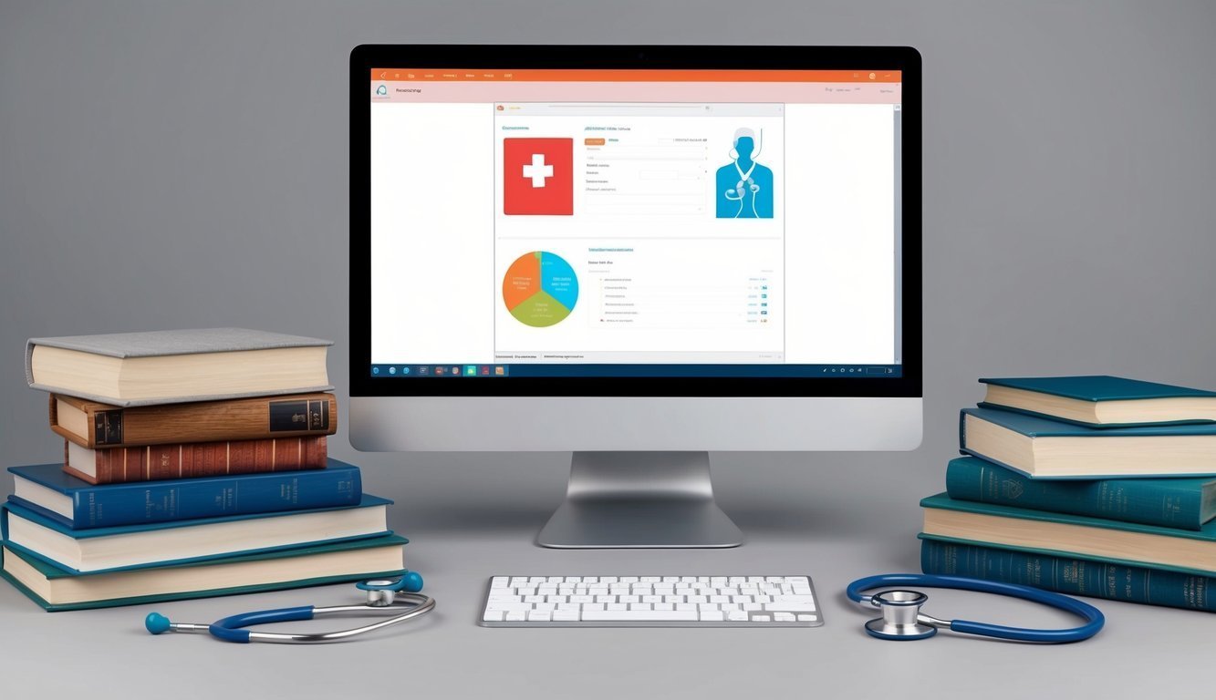 Computer screen with medical interface, books, stethoscope, and keyboard