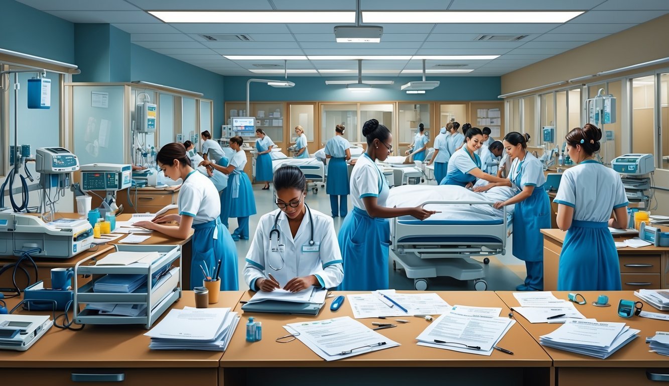 A bustling hospital ward with nurses tending to patients, medical equipment, and paperwork scattered across desks