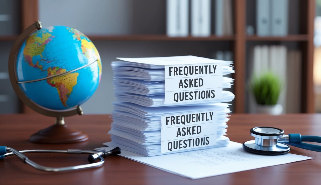 A stack of papers labeled "Frequently Asked Questions" with a globe and stethoscope on a desk