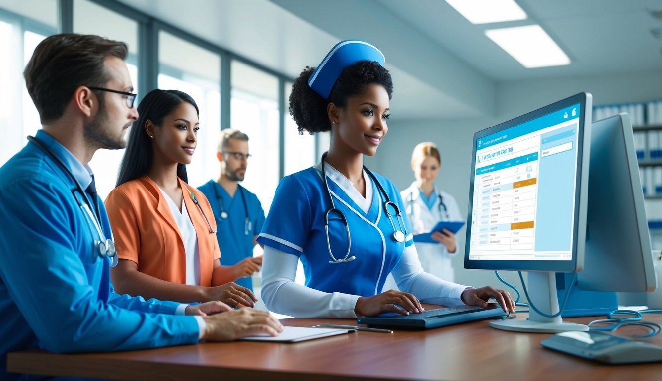 A nurse at a computer, entering patient data into a digital system while consulting with medical staff