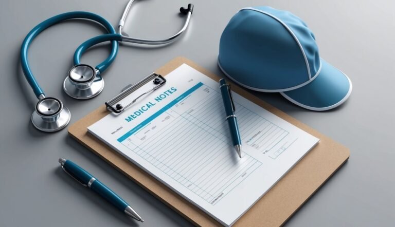 Medical notes on clipboard with stethoscope, pens, and blue cap