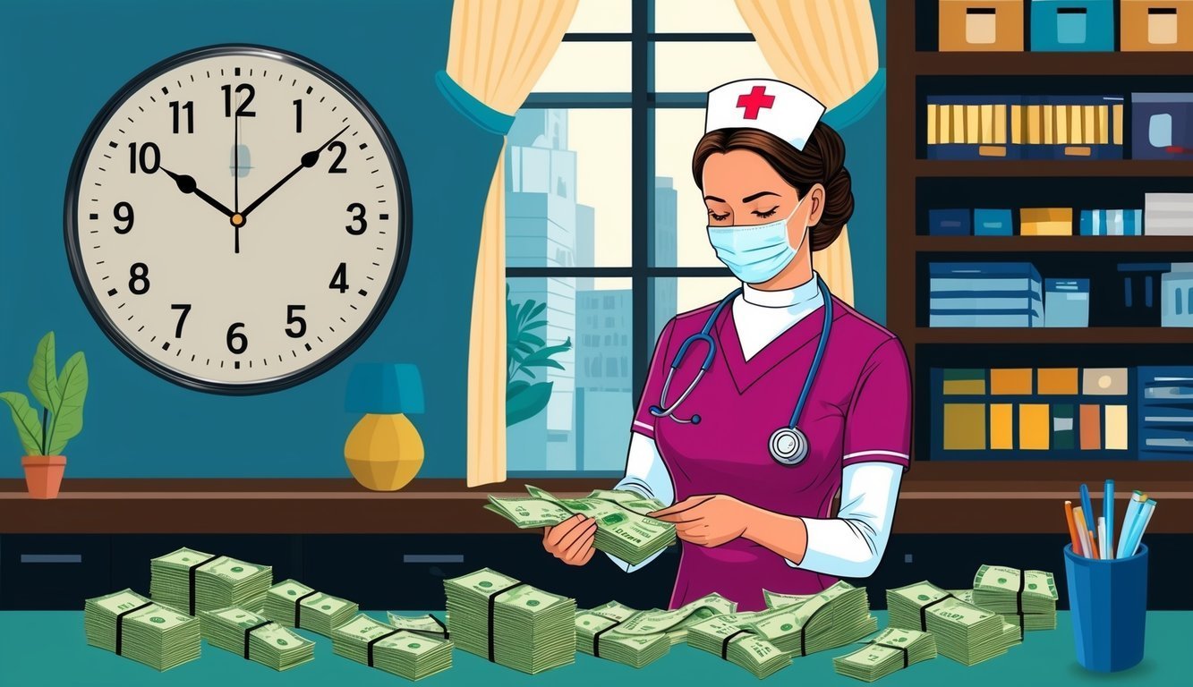 Nurse counting stacks of money with a clock on the wall