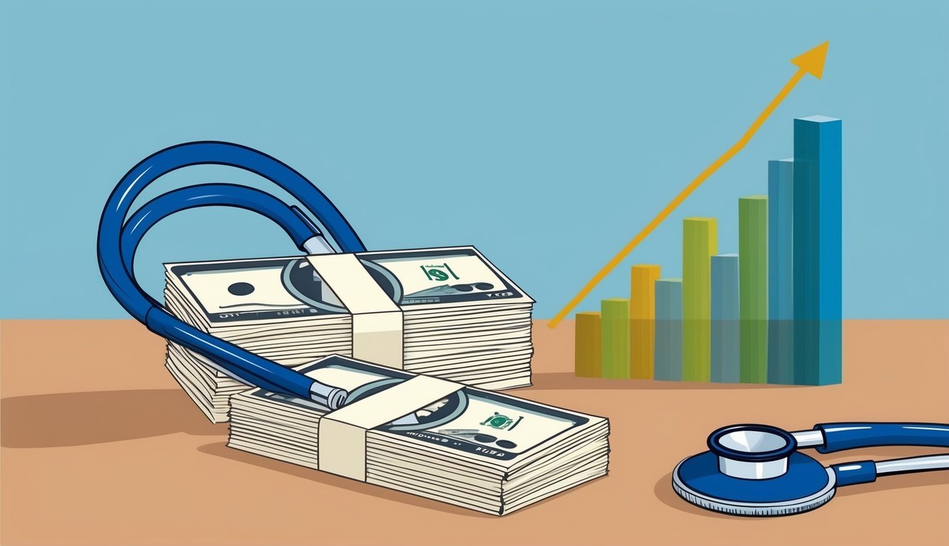 A stethoscope and a stack of dollar bills on a table, with a chart showing an upward trend in RN salaries