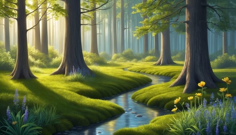 A stream winds through a lush green forest with tall trees and wildflowers