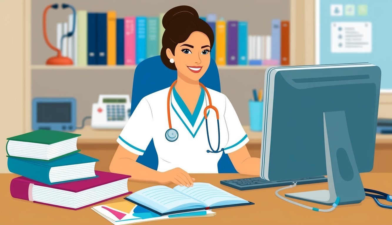 A nurse educator at a desk with a computer, textbooks, and teaching materials.</p><p>A stethoscope and medical equipment are visible in the background