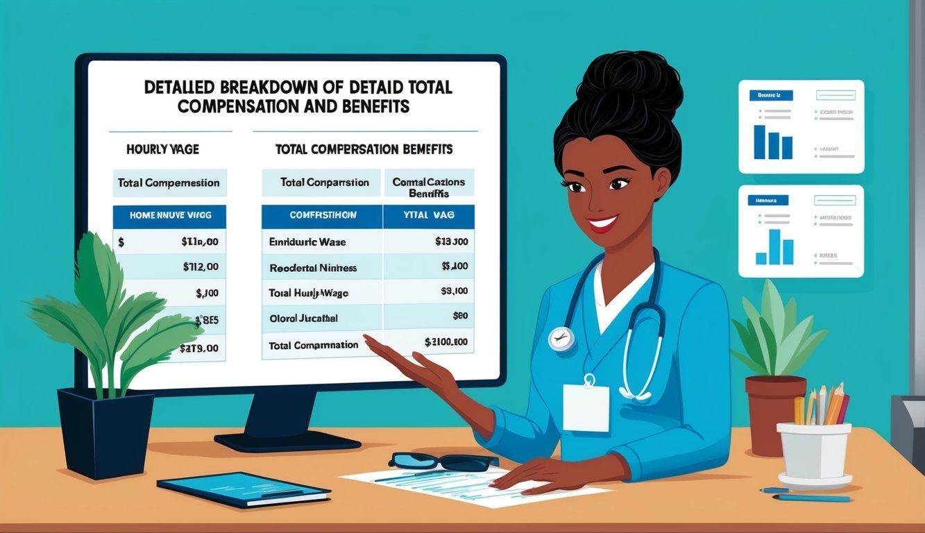 A registered nurse reviewing a detailed breakdown of total compensation and benefits, including hourly wage