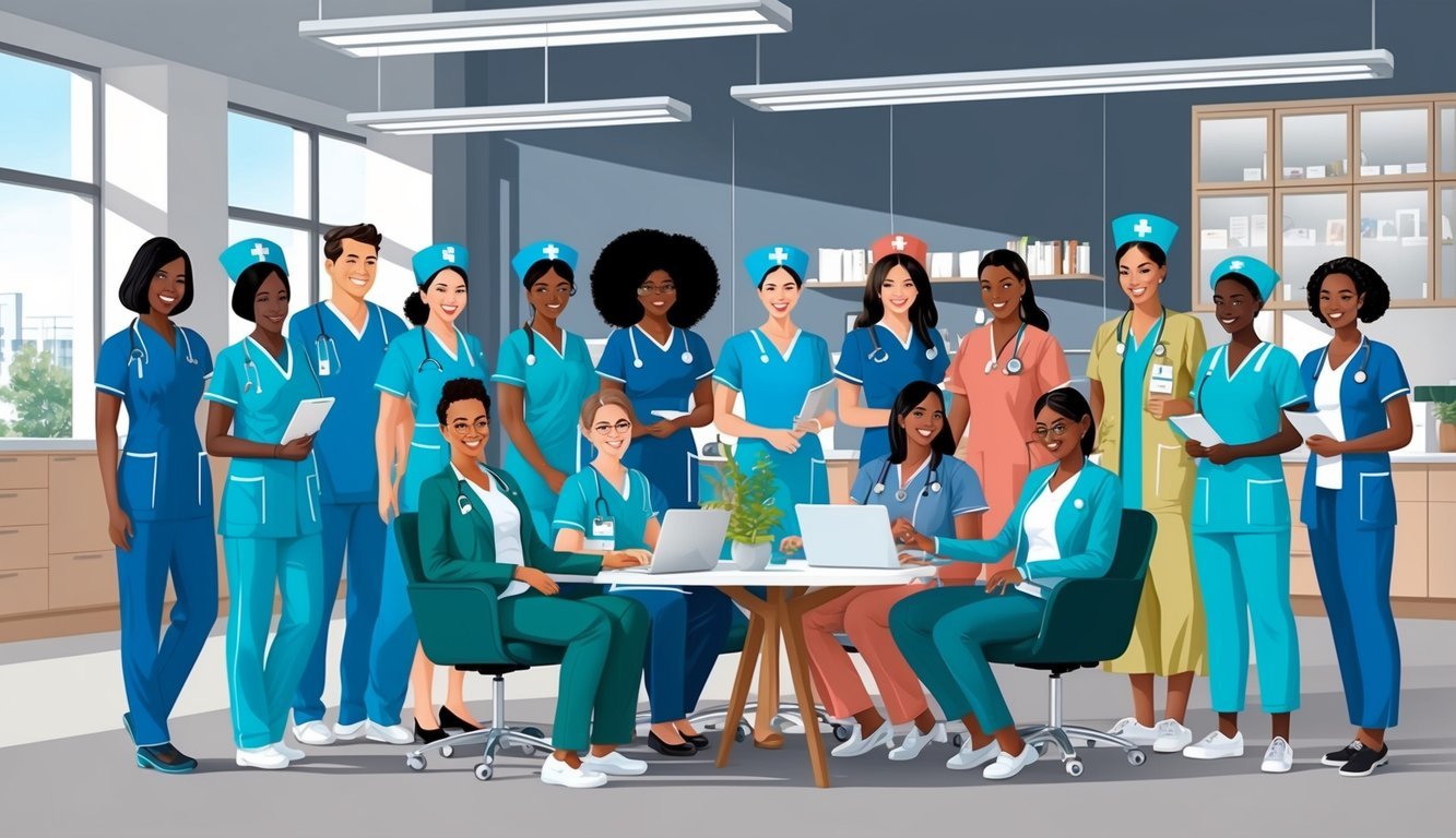 A diverse group of nurses from around the world collaborating and exchanging knowledge in a modern hospital setting