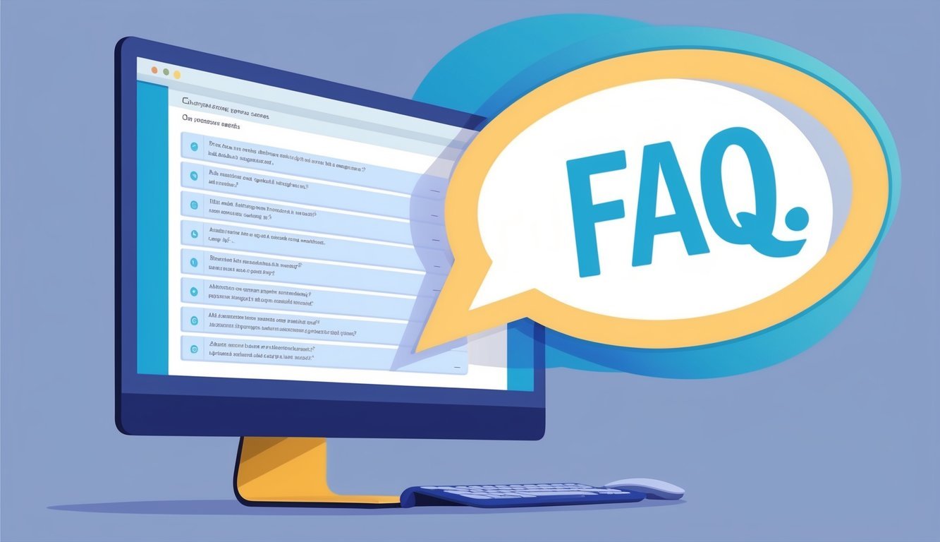 A computer screen with a list of questions and answers, surrounded by a stylized speech bubble containing the letters "FAQ."