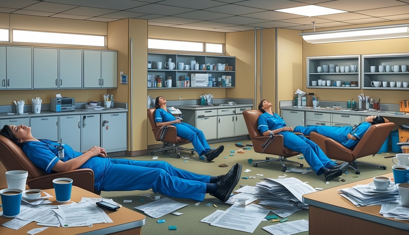 Three nurses asleep in a break room, surrounded by paperwork and coffee