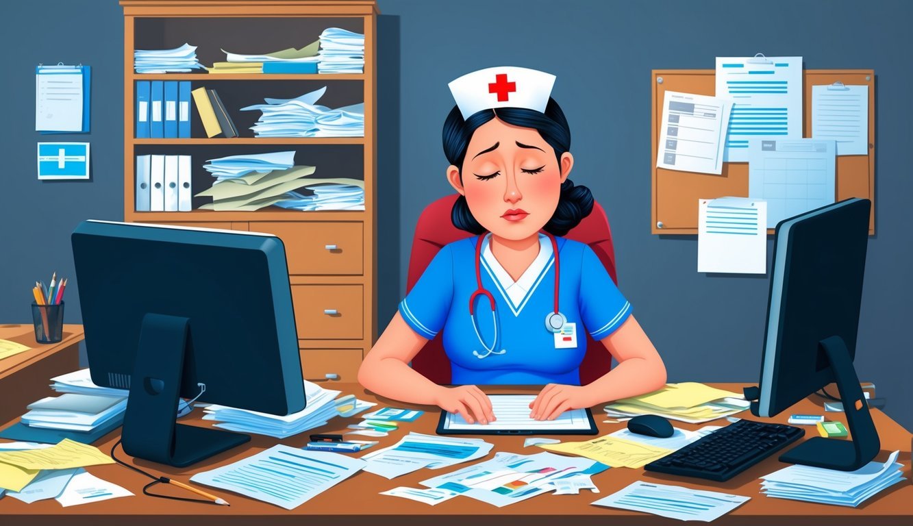 A nurse sitting at a cluttered desk, surrounded by paperwork and a computer.</p><p>The nurse looks exhausted and overwhelmed
