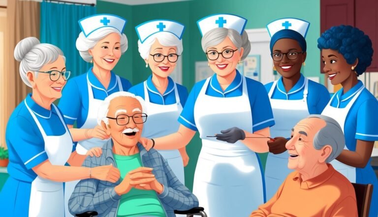 Smiling nurses surround two elderly men, one in a wheelchair, in a care home