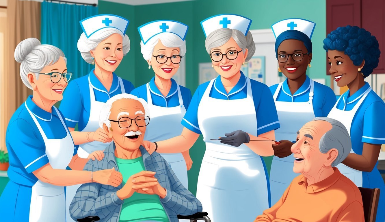 Smiling nurses surround two elderly men, one in a wheelchair, in a care home