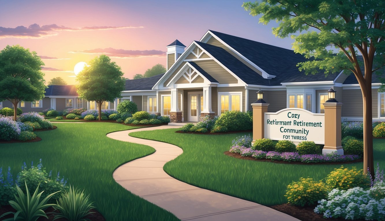 A serene garden with a winding path leading to a cozy retirement community for nurses.</p><p>The sun sets behind the peaceful setting, symbolizing the transition into retirement