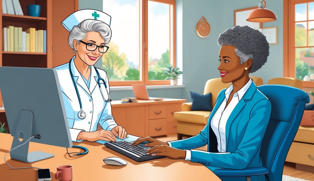 A retired nurse providing health coaching and consulting services to clients in a cozy office setting with a desk, computer, and comfortable seating
