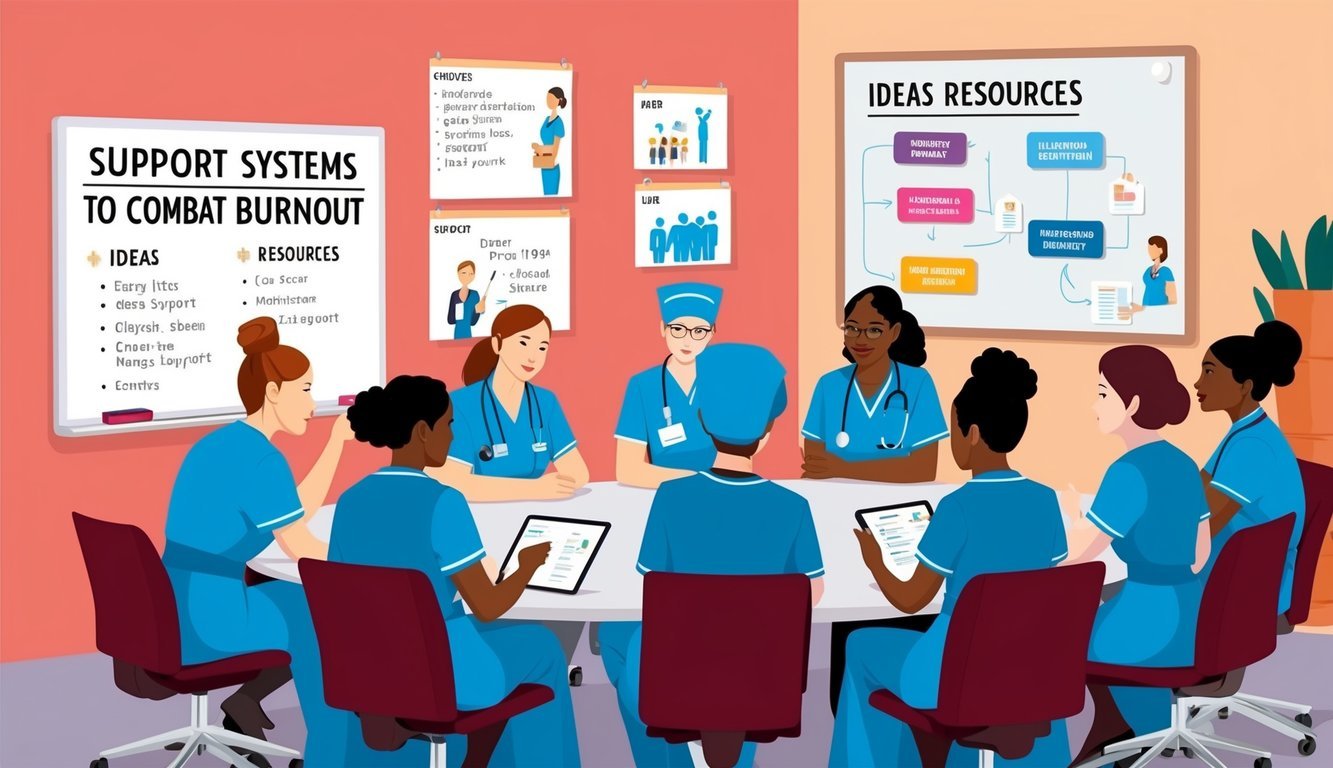 A group of nurses gather around a table, discussing support systems and resources to combat burnout.</p><p>A whiteboard displays ideas and resources