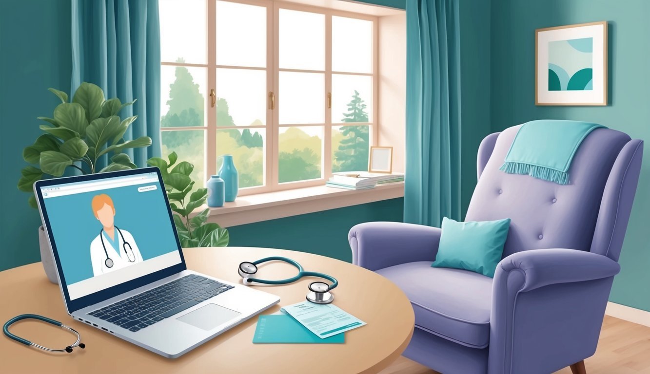 A serene, homey setting with a laptop, stethoscope, and cozy chair, symbolizing a retired nurse's remote nursing job