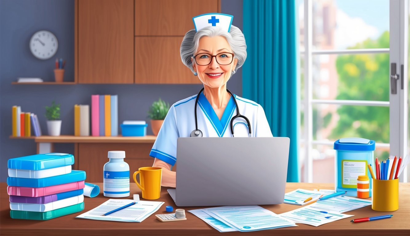 A retired nurse working from home, surrounded by a laptop, medical supplies, and paperwork