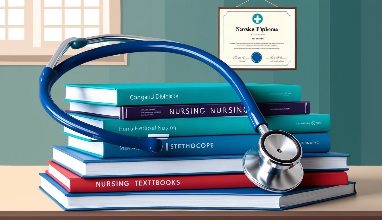 Stethoscope draped over stack of nursing textbooks and diploma