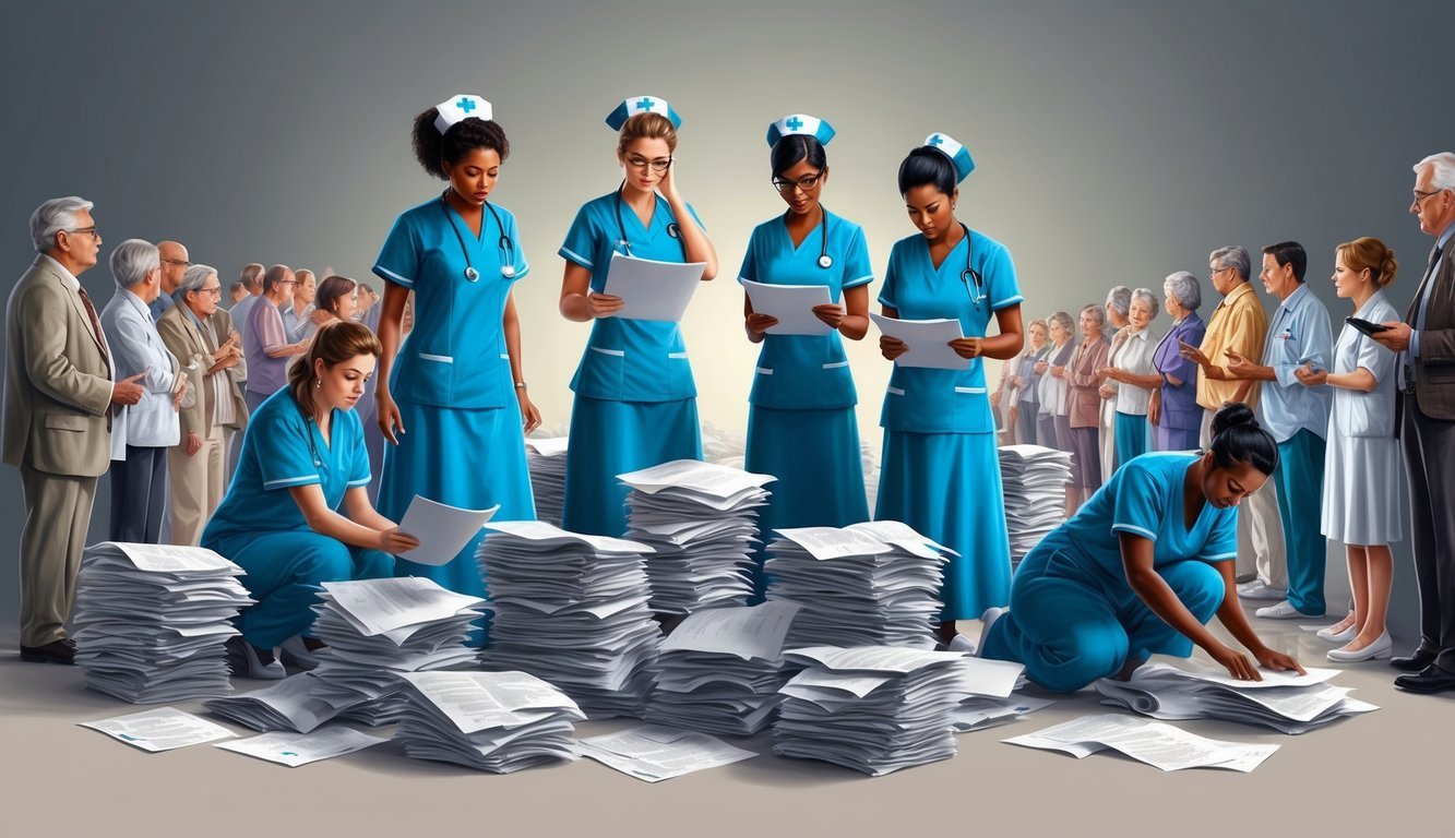 A group of exhausted nurses surrounded by piles of paperwork and a long line of patients waiting for answers