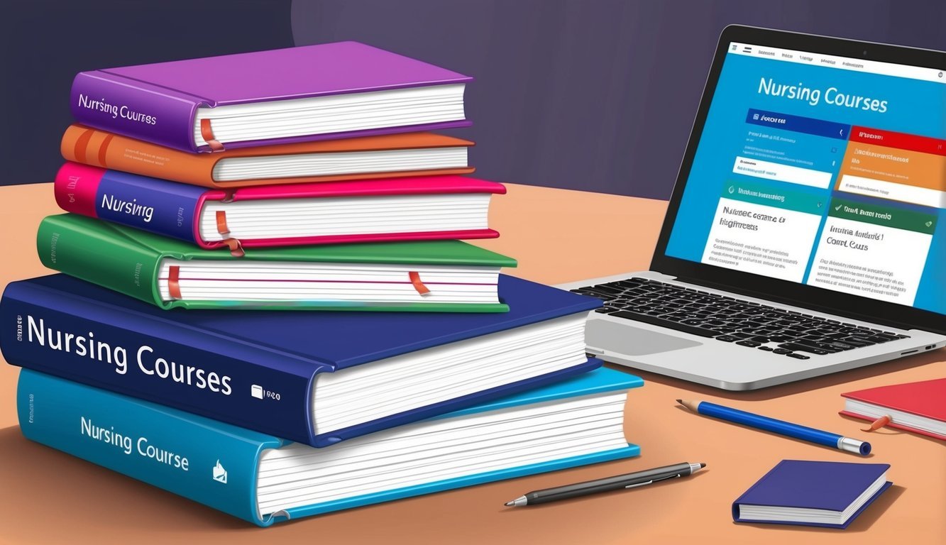 A stack of textbooks and a laptop with open tabs on nursing courses