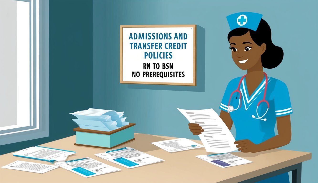 A nurse stands at a desk, reviewing transcripts and paperwork.</p><p>A sign on the wall reads "Admissions and Transfer Credit Policies RN to BSN - no prerequisites."
