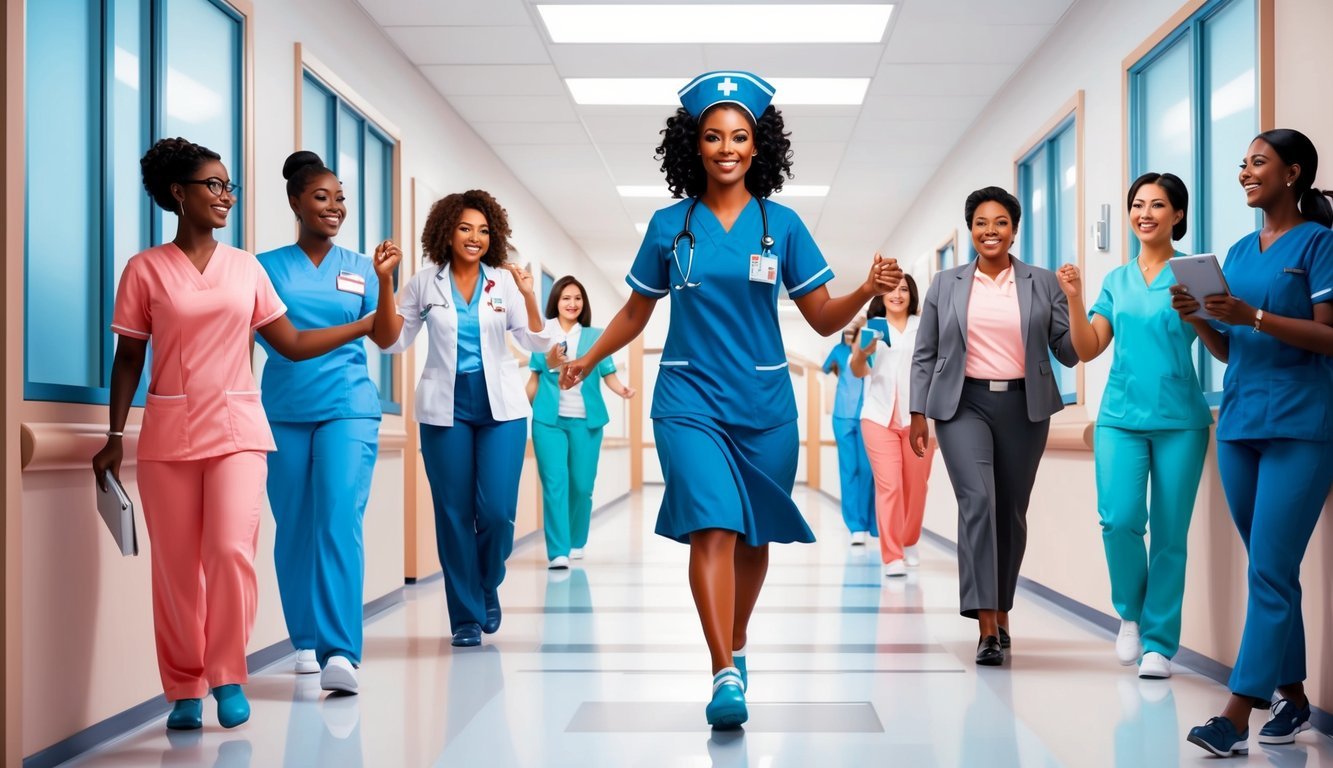 A nurse confidently advances through a hospital corridor, surrounded by uplifting and supportive colleagues
